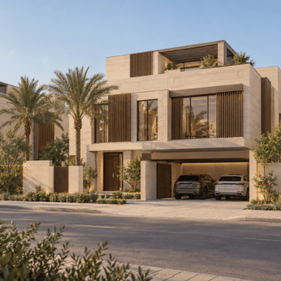تصور تخيلي الواجهة الخارجية ضمن فلل مستقلة في الرياض — نموذج 601