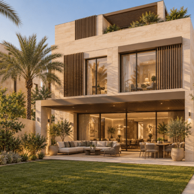 تصور تخيلي الحديقة والجلسة الخارجية ضمن فلل مستقلة في الرياض — نموذج 601