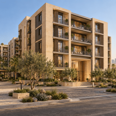 تصور تخيلي الواجهة الخارجية ضمن شقق سكنية في الرياض — نموذج 602