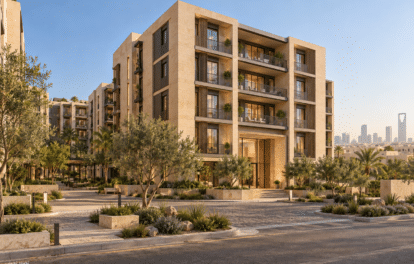 تصور تخيلي الواجهة الخارجية ضمن شقق سكنية في الرياض — نموذج 602