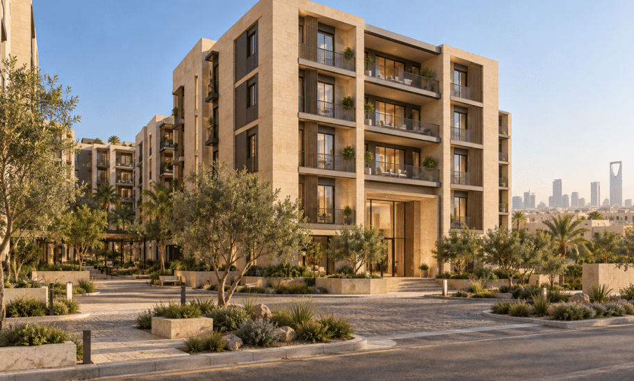 تصور تخيلي الواجهة الخارجية ضمن شقق سكنية في الرياض — نموذج 602