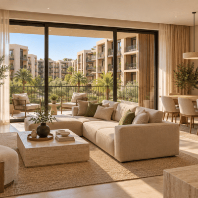 تصور تخيلي غرفة المعيشة والطعام ضمن شقق سكنية في الرياض — نموذج 602