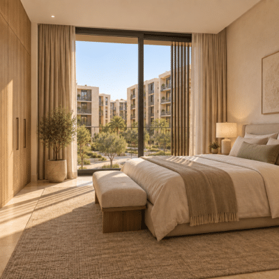 تصور تخيلي غرفة النوم الرئيسة ضمن شقق سكنية في الرياض — نموذج 602