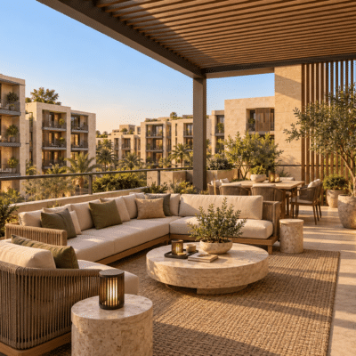 تصور تخيلي التراس العلوي ضمن شقق سكنية في الرياض — نموذج 602