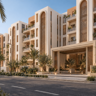 تصور تخيلي الواجهة الخارجية ضمن شقق سكنية في جدة — نموذج 604