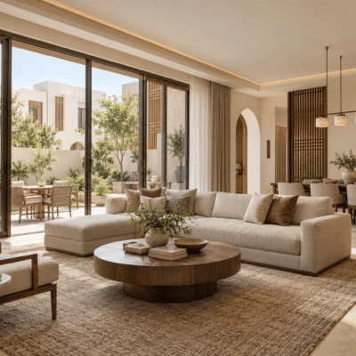 تصور تخيلي غرفة المعيشة والطعام ضمن دبلكسات سكنية في جدة — نموذج 605
