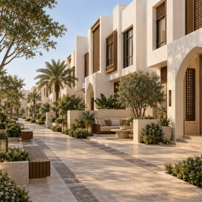 تصور تخيلي ممرات المشاة والجلسات ضمن دبلكسات سكنية في جدة — نموذج 605