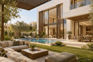 تصور تخيلي الحديقة والجلسة الخارجية ضمن فلل مستقلة في الخبر — نموذج 610