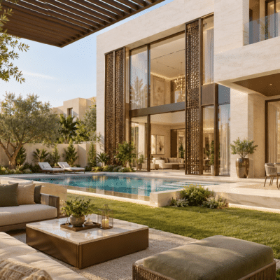 تصور تخيلي الحديقة والجلسة الخارجية ضمن فلل مستقلة في الخبر — نموذج 610